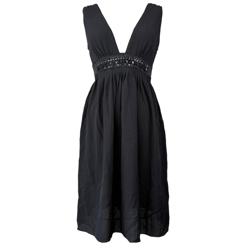 Y2K Cynthia Cynthia Steffe Black 100% Silk Beaded Empire V Neck Dress size 10